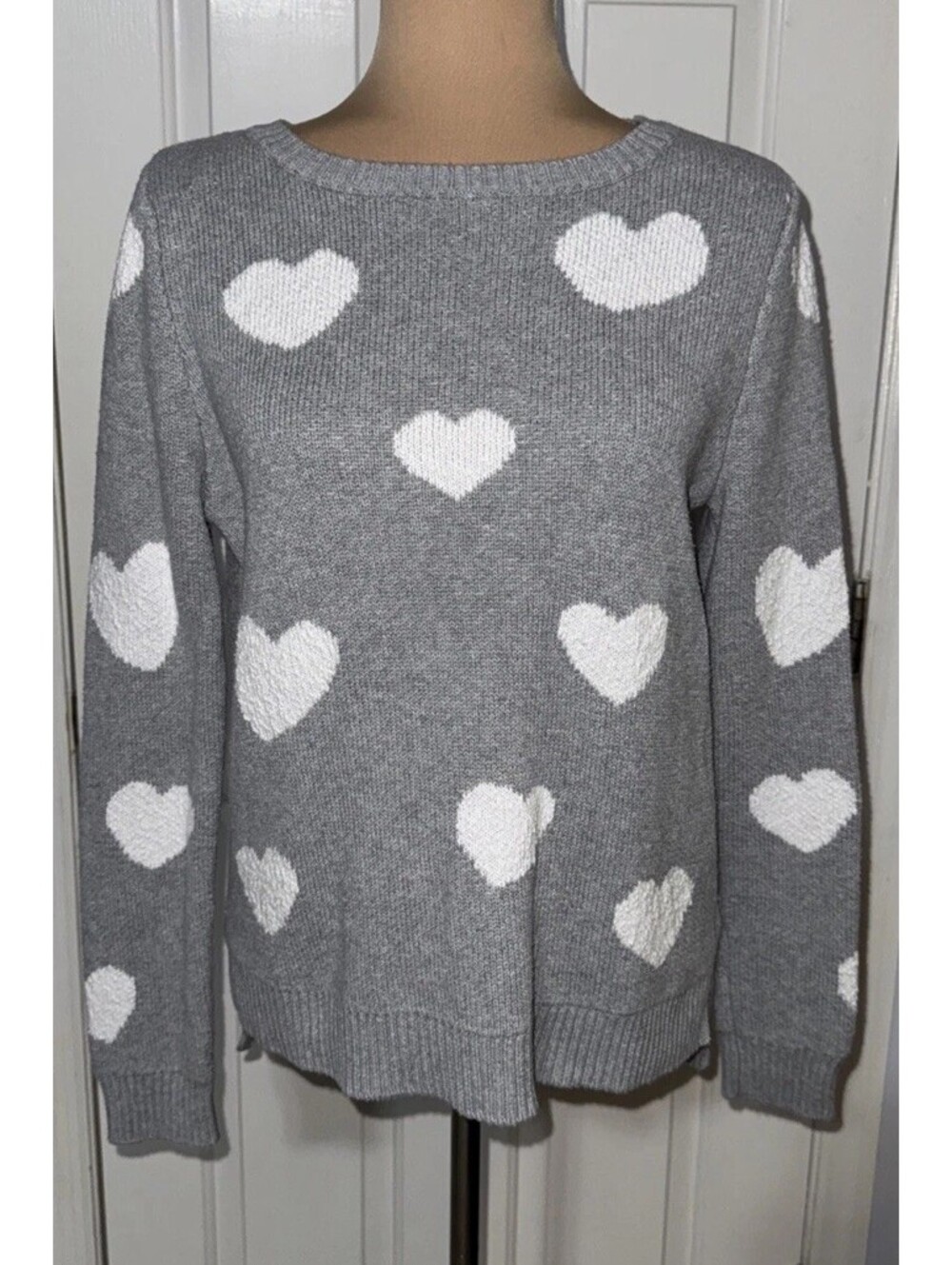 Christian Siriano Sweater Heart Print Crew Neck Gray & White 100% Cotton Medium